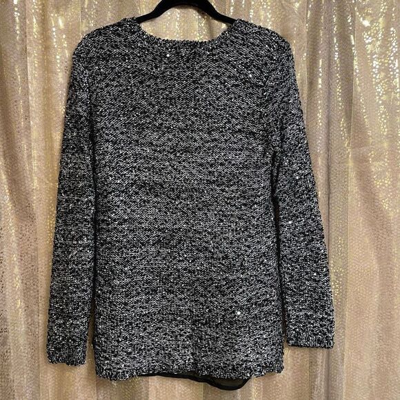 Apt. 9 Sparkly Black Silver Double Layered Sequin Long Sleeve Sweater, Large - Picture 2 of 7